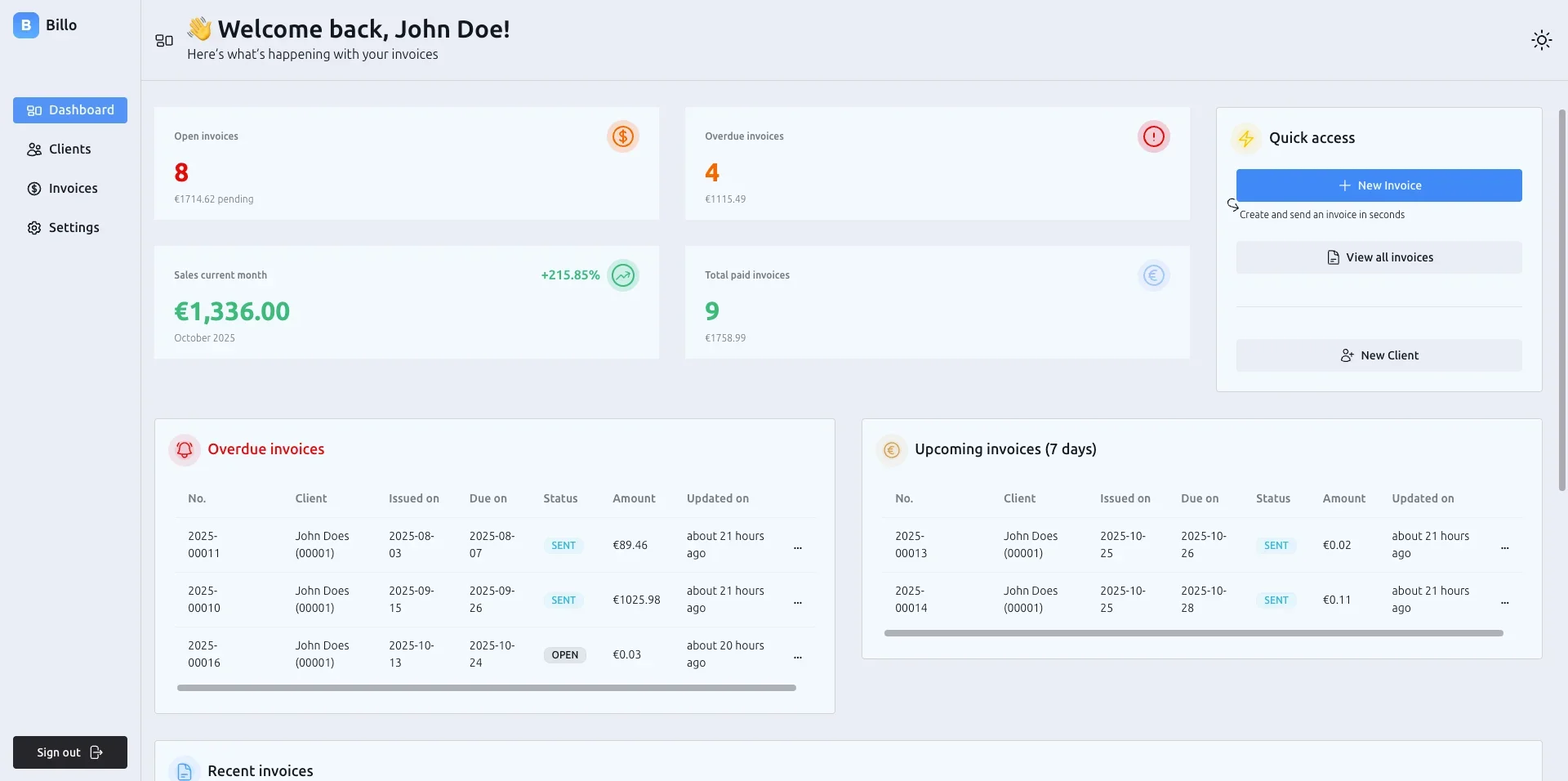 Billo dashboard screenshot