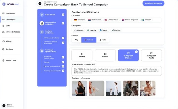 Influee dashboard screenshot