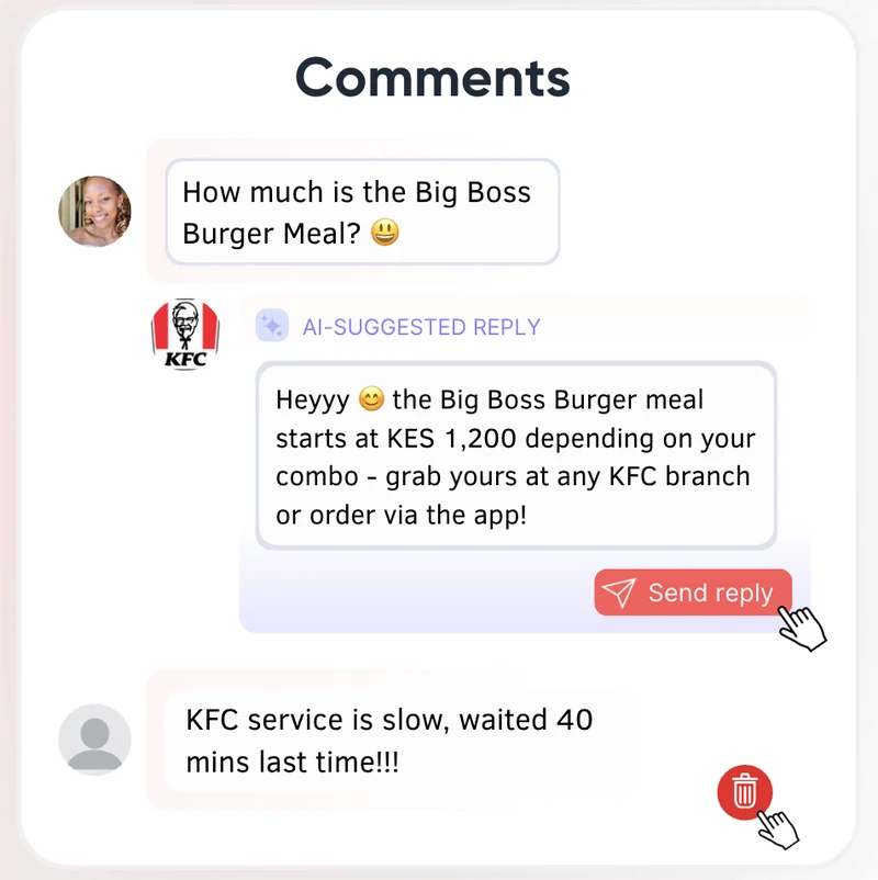 AI-suggested reply to a customer question under a KFC creator post